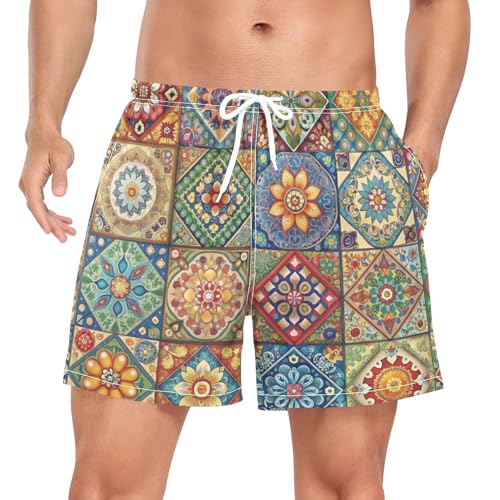 Men's Swim Trunks Indian Texture Pattern, Quick Dry Beach Board Shorts with Liner, Swimwear Bathing Suits S - Main Image