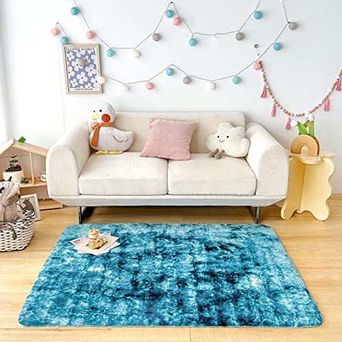 NEWCOSPLAY Faux Fur Area Rug Rainbow Tie Dye Carpet Playing Mat for Girls Bedroom Living Room Home Décor (4' x 5.3', Blue Rainbow)