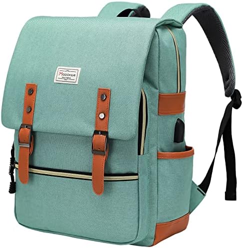 Modoker Vintage Women Laptop Backpack with USB Charging Port, School College Backpack for Women Men Fashion Backpack Fits 15.6Inch Notebook, Slim Casual Travel Daypack Bookbag Green