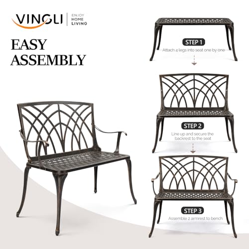 Image of VINGLI 38 inch Outdoor Metal Bench, Cast Aluminium Garden Bench, Weatherproof Antique Finish Orchid Chair, 1-2 Person Seat Deck Furniture for Porch Entryway Patio (Brown)