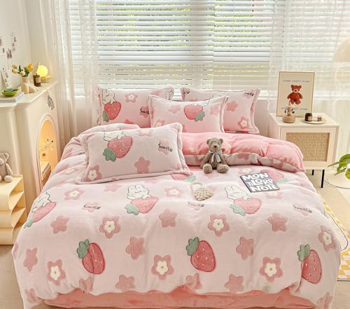 Image of LMONMOO Twin Duvet Cover, Pink Strawberry Duvet Cover Set, Super Soft Kawaii Bedding Sets Cute Rabbit Fluffy Comforter for Girls Kids Teen Women with Zipper Closure & Corner Ties