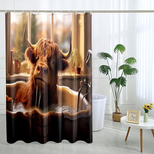 Funny Cow Shower Curtain with 12 Hooks Farmhouse Landscape Country Theme Bath Brown Polyester Room Ornaments Waterproof Decorative Bathroom Hotel Bathtub Outdoor Short Shower Curtain 62x72 Inch
