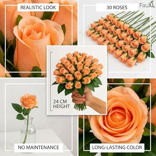 Image of Set of 24 Artificial Rose Flowers Bunches for Vase - Home Decoration Gift Items for Living Room Corner Table Top Bedroom Wedding (Pot Not Included) - 24 CM (Orange)