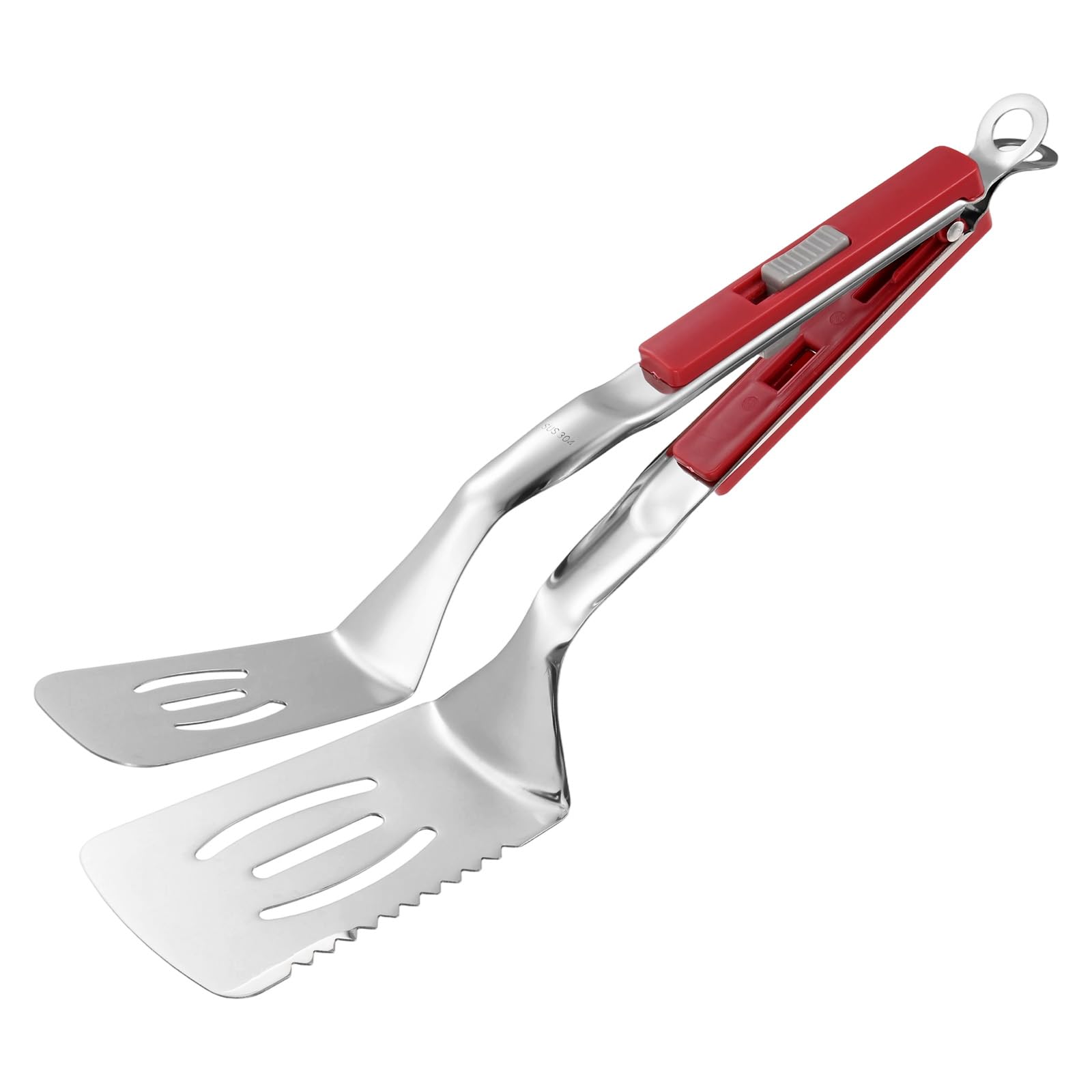 M METERXITY Spatula Tongs, 11.4 Inch 304 Stainless Steel Anti-Scald Serrated Multifunctional Flipper Grill Clamp for Cooking/Barbecue, Kitchen Cooking Tongs [Red Handle, Silver Tone]