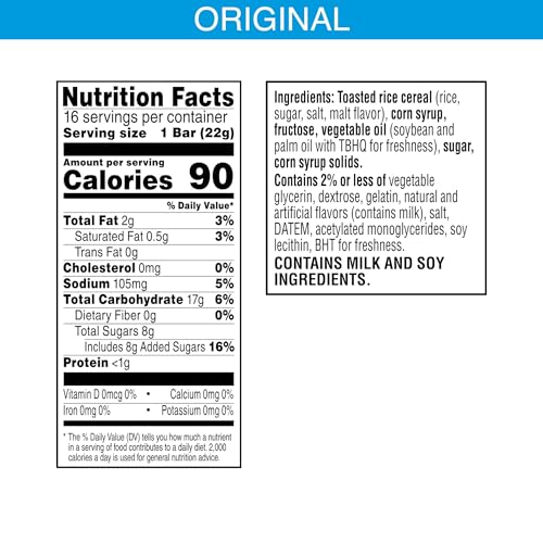 Rice Krispies Treats Crispy Marshmallow Squares, Kids Snack Box, Cereal Bars, Original (16 Bars)