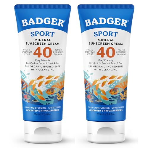 Badger Sport Mineral Sunscreen Reef Safe SPF 40 98% Organic with Zinc Oxide Water Resistant Hawaii Reef Act 104 Compliant Unscented & Hypoallergenic For Sports & Adventures 2.9 fl oz 2-Pack