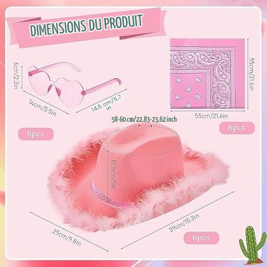 MALLOOM 6 Chapeaux Cowgirl Roses avec 6 Bandanas et 6 Lunettes en Forme de Cœur – Accessoires de Déguisement Western pour Femmes – Fête de Bachelorette