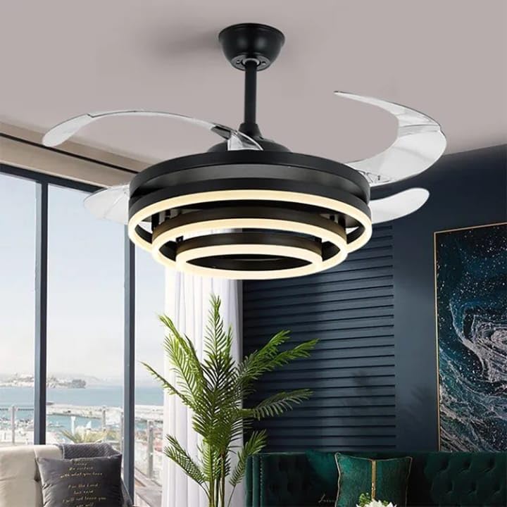Image of blissbells Modern LED Chandelier Fan, (Blk Ring fanlight)