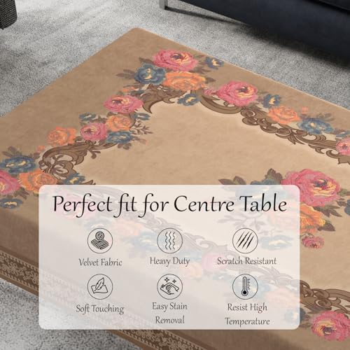 Image of Cloth Fusion Rectangular Velvet Floral Centre Table Cover Cloth, Table Cloth With Elegant Floral Pattern For Living Room (40x60 Inch, Fawn)