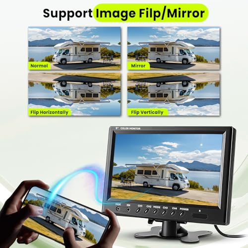 Podofo Vans RV Rückfahrkamera Set, 9 Zoll Monitor 4 Kameras, 4-Geteiltes Display 4-Kanal Video,...