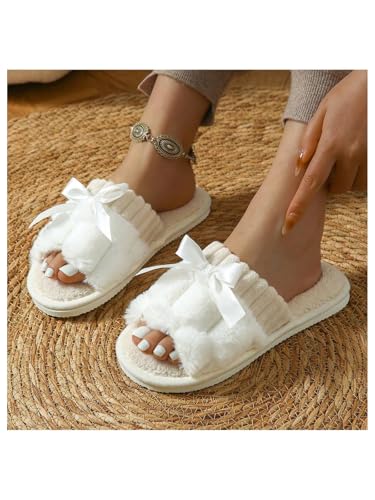 OYOANGLE Women's Bowknot Color Block Fuzzy Slippers Furry Open Toe House Shoes Indoor Slides Slippers4