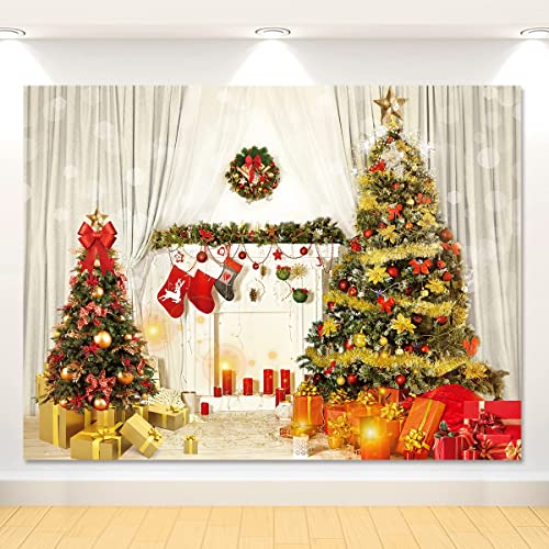 Telón de fondo de Navidad, 7 x 5 pies, chimenea, árbol de Navidad, regalo,telón de fondo para cabina de fotografía, accesorios para fotos para decoraciones navideñas y fiestas familiares de cumpleaños Cover