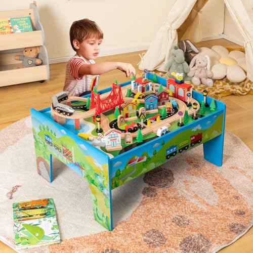 Honey Joy TM10051 Train Table, Wooden Kids Activity Table W/ 80 Multicolor Pieces, Tracks, Trains, Cars, Toddler Toy Train Table Set W/Reversible Tabletop thumb #5