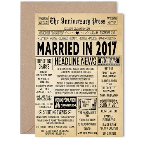 9th Anniversary Card for Women Men - Vintage Newspaper Married in 2017-9 Year Wedding Anniversary Card for Husband Companion Wife Partner 5x7 Inch Anniversaries Greeting Cards