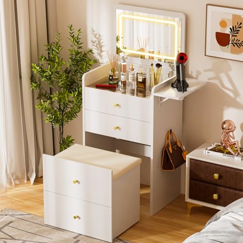 COMHOMA Makeup Vanity Desk with Mirror and Lights, Small 3 in 1 Vanity Table with Visible Glass Top, Flip Top & 3 Drawers, Compact Dresser with Storage Stool for Bedroom, Office or Nightstand