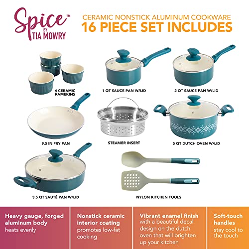 Spice By Tia Mowry Savory Saffron 16-Piece Healthy Nonstick Ceramic Cookware Set - Teal #TOP1