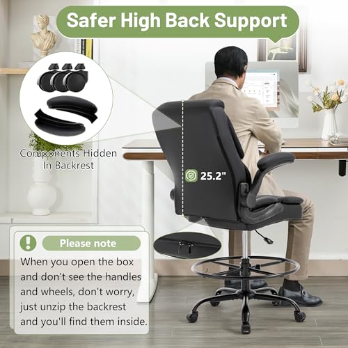 Image of 500LBS Drafting Chair, High Back Safer Standing Desk Chair, Executive Tall Office Chair with Flip-up Armrests, Upholstered PU Leather Task Chair, Ergonomic Seat with Adjustable Height&Foot Ring, Black