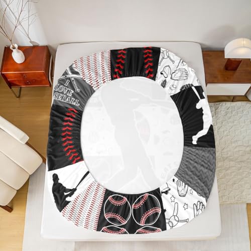 Image of Castle Fairy Baseball Player Fitted Sheet Set Full Size 4 Pcs,Patchwork Baseball Teens Sheets,Sports Geometric Grid Red Grey Bedding Sets (1 Fitted,1 Flat,2 Pillowcases) Luxury Deep Pocket Bed Sheets