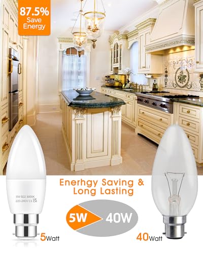 EvaStary B22 Candle Bayonet Light Bulb, 5W (40W Equivalent) B22 LED Bulbs Warm White 3000K, C37 LED Bayonet Candle Cap - Image 4