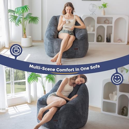 Image of MAXYOYO Bean Bag Chair, Bean Bag Sofa with Filler, Cozy Living Room Chair for Adults and Kids, Stuffed Floor Sofa for Bedroom Dorm Reading, Dark Grey