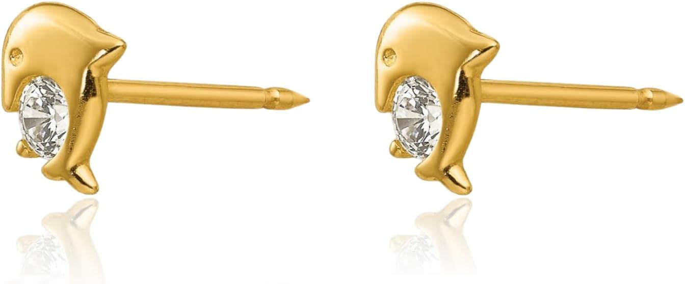 IceCarats 14K Solid Yellow Gold Cubic Zirconia Medium Dolphin Stud Earrings 5mm Round Cut, Prong Set, Butterfly Back For Her