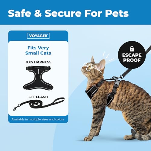 Image of Voyager Escape-Proof Step-in Lock Cat Harness & 5ft Neoprene-Handle Leash Set All-Weather Mesh with Reflective Stitching for Small to Large Cats by Best Pet Supplies, Black (327), XXS