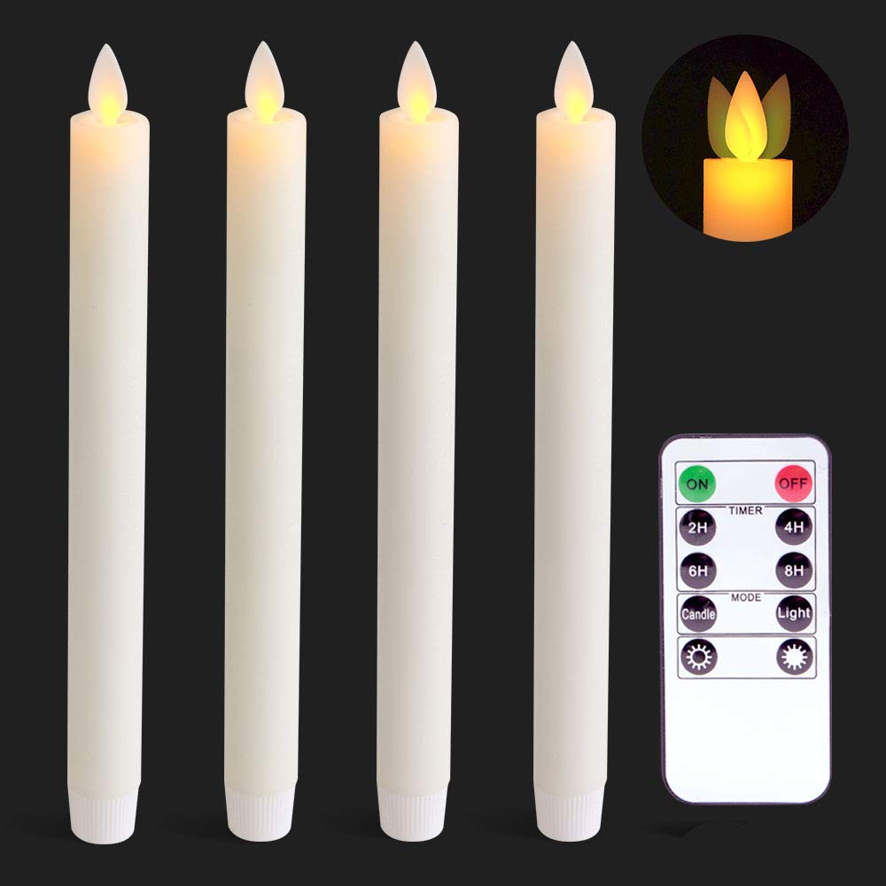 WondiseFlameless Taper Candles Remote with Timer, Battery Operated Real Wax Ivory LED Amber Yellow Light Candles, for Christmas Window Decoration, Set of 4(D0.78 x H9.5 Inch)