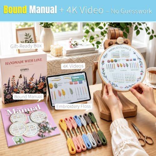 Image of ETSPIL Beginner Embroidery Kit, 4K Video, 4 Floral Patterns, Gift Box | 4 Pre-Printed Wreath Designs. Embroidery Stitch Book Kit, Step-by-Step. 20% Extra Floss. Easy to Start, Relaxing Craft