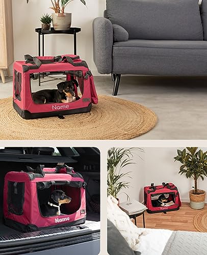 lionto Hundetransportbox faltbar für Reise & Auto, 50x34x36 cm, stabile Transportbox mit Griffen & Decke für Katzen & Hunde bis 10 kg, Hundebox aus Stoff für klein & groß, dunkelrot (Namensaufdruck)