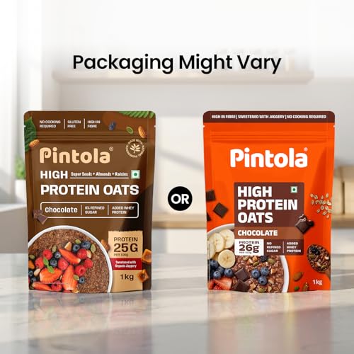 Image of PINTOLA 26g High Protein Oats 1kg, Dark Chocolate, No Refined Sugar, with Almonds, Raisins, Pumpkin & Chia Seeds, 9.6g Fibre, Rolled Oats for Weight Loss, Breakfast Cereals | Gluten Free (Pack of 3)