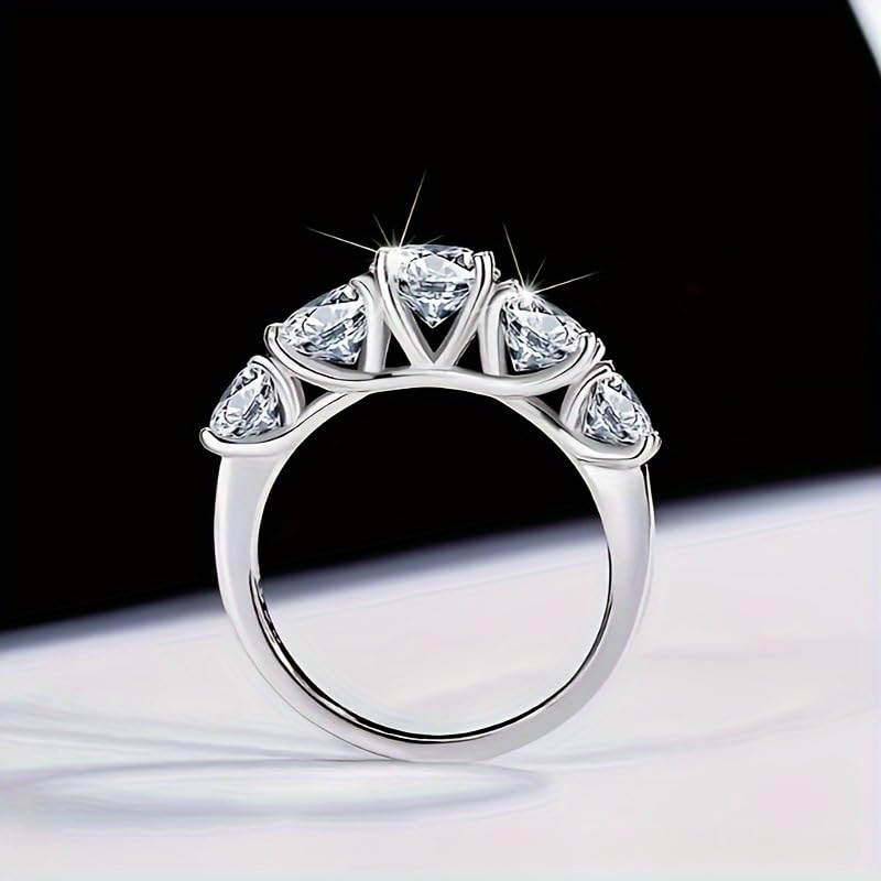 Women’s 5 Stone Ring with Round Cubic Zirconia, Silver Tone Plated Band, Jewelry for Engagement, Anniversary, or Daily Wear3