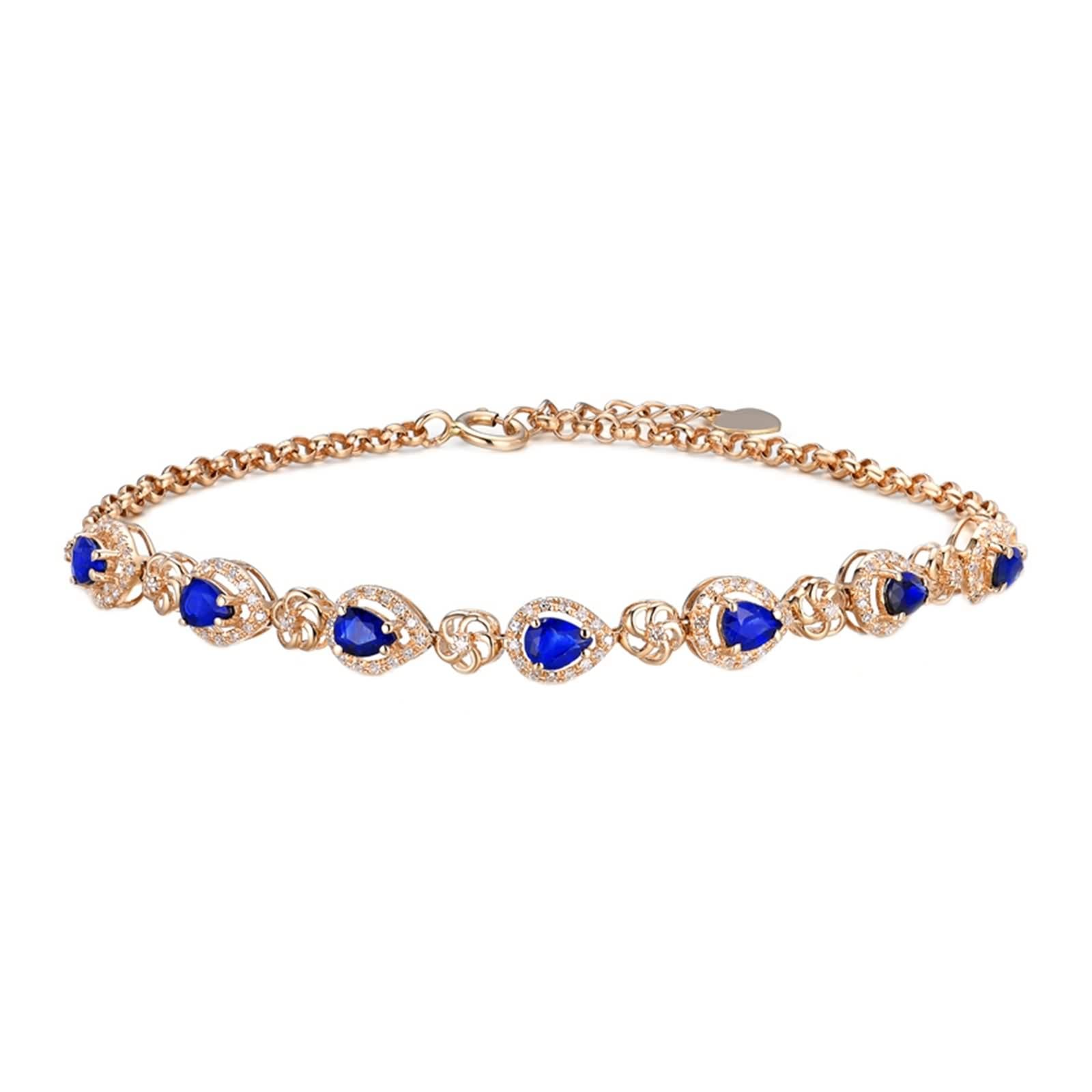 Pulsera Zafiro, Pulseras Mujer En Forma de Pera Azul Oro Rosa de 18 Kilates Zafiro En Forma de Lágrima Con Flor Hueca de 1,3ct Con Diamante