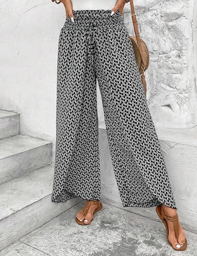 Mansy Women Casual High Waist Split Wide Leg Pants Summer Floral Long Palazzo Pants Lounge Beach Trousers4