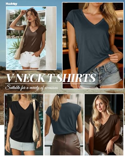 Image of Huukeay 3 Pack Women's V Neck Cap Sleeve T Shirts | Short Sleeve Basic Tees, Loose Fit Soft Tops for Women, Casual Lightweight Shirts, Everyday Summer Clothes