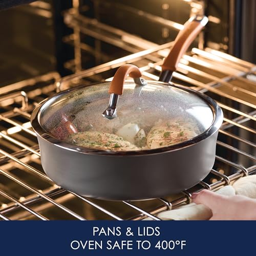 Image of Rachael Ray Cucina Dishwasher-Safe Hard-Anodized Pots and Pans Set Non Stick Cookware, 12 Piece, Gray with Orange Handles