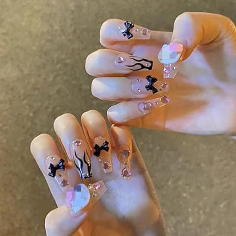 LANOVA 3D Cartoon Cat Ballerina Press on Nails,Y2K Long Coffin Black Bowknot Fake Nails 24pcs,Rhinestone Design Acrylic Artificial Full Cover False Nails LANOVA FN-LT108 Cover