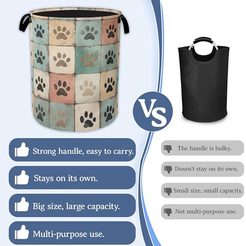 Image of Cute Paw Print Laundry Basket,Foldable Oxford Cloth Vintage Laundry Hamper With Handle, 20.8 inchx16 inch Portable Clothes Storage Basket Bag for Laundry Room /Bathroom /Bedroom /Dormitories