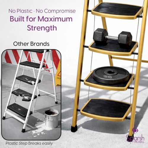 Image of Sparsh Pearl Steel Ladder for Home 4 Steps Foldable with Anti-Skid Wide Steps | 4 Step Ladder for Home Use with D-Shape Rods | Secure Lock | 150 Kg Capacity Folding Ladder | 5 Year Warranty (Gold)