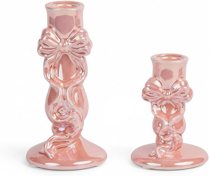 Taper Candle Holders for Candlesticks, Bow Ceramic Candle Holder-Set of 2 Decorative Candle Stand for Wedding, Dinner Table Centerpieces Fireplace Mantle Home Decor, Gift for Mom Women