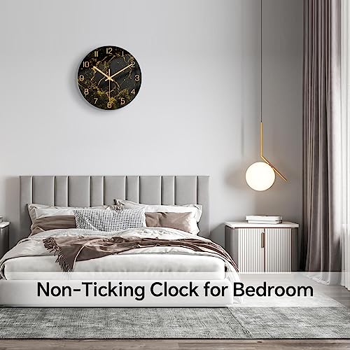 Vikmari CK-BLACK01-30-25530 Black Modern Marble Texture Clock Gold Hands Rustic Kitchen Decor 12 Inch Wall Clock Battery Operated Non-Ticking Large Round Quartz Golden Decorative thumb #5