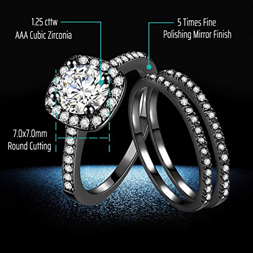 CEJUG 2Ct 18k Black Gold Wedding Ring Sets for Women and Men Hers His Titanium Bands Stainless Steel Couple Rings Cz3