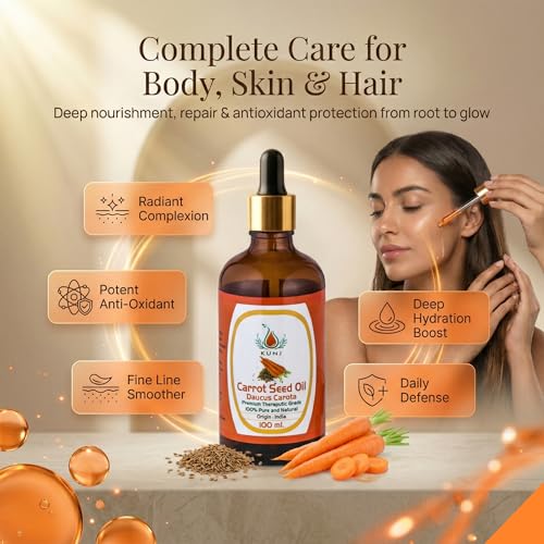 Image of KUNJ Carrot Seed Oil 100ml | 100% Pure & Natural Cold Pressed Oil | Undiluted Beauty Oil for Glowing Skin, Face Nourishment, Skin Hydration & Daily Skincare Use