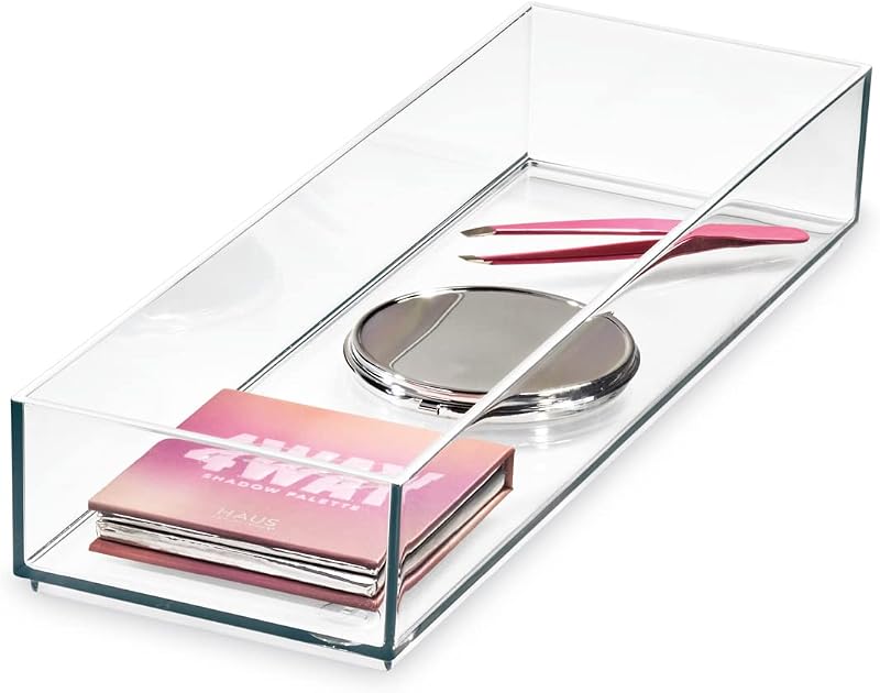 InterDesign Bandeja organizadora de plástico para cajones de maquillaje - Organizador de tocador o cajón de escritorio - Transparente/Blanco mate