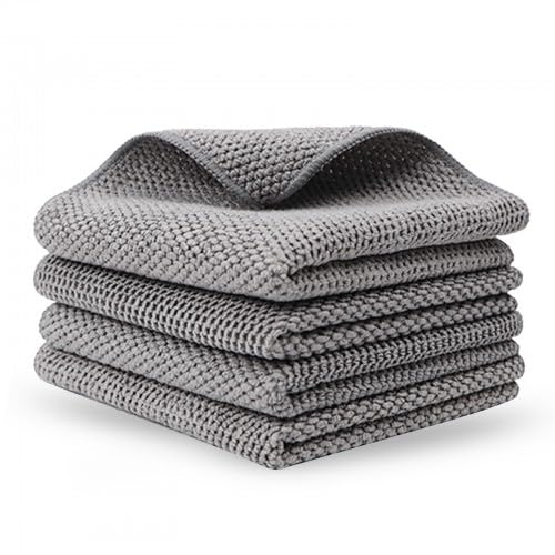 4 Pack Microfiber Cleaning Cloths – 30x30cm Kitchen Towels – Super Absorbent, Lint-Free, Reusable Dishcloths for Kitchen, Home,Car – Grey