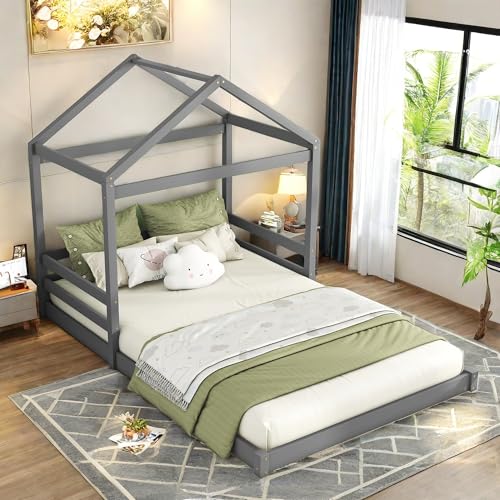 Sapgaks Lit Cabane Enfant 140x200 Forme Maison Barrière Mezzanine 1 Place Garçon Fille Sommier Lattes Gris