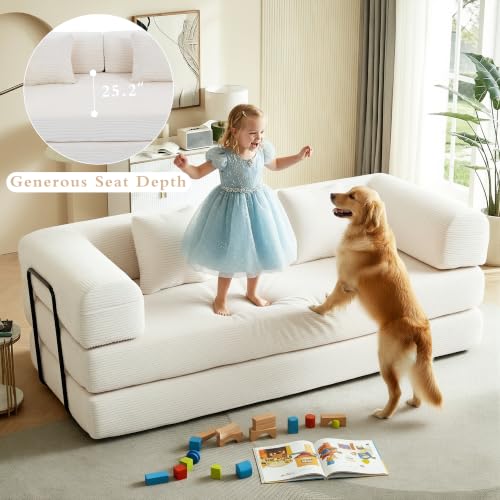 Image of 80 Inch Multi-Functional Convertible Sofa Bed, Fixed Shape Frame, High Density Foam with Corduroy, Easy Assembly, for Living Room and Bedroom. (Beige)