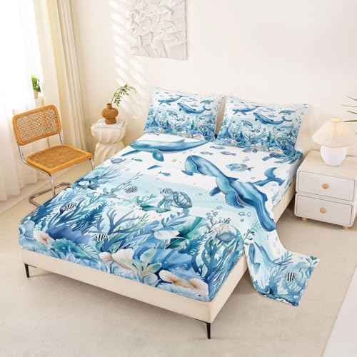Image of jejeloiu Sea Animal Bed Sheets Set King Size Whale Turtle Fish Bed Set for Kids Boys Girls The Sea Marine Animal Deep Pocket Fitted Sheet Summer Breathable Soft Lightweight Microfiber