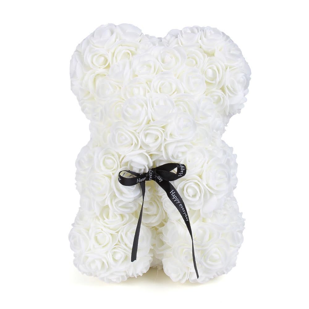 Uteruik Flower Rose Bear White Artificial Flower Bear for Women, Girlfriends, Girls, Moms, Grandmothers, Fathers 25cm
