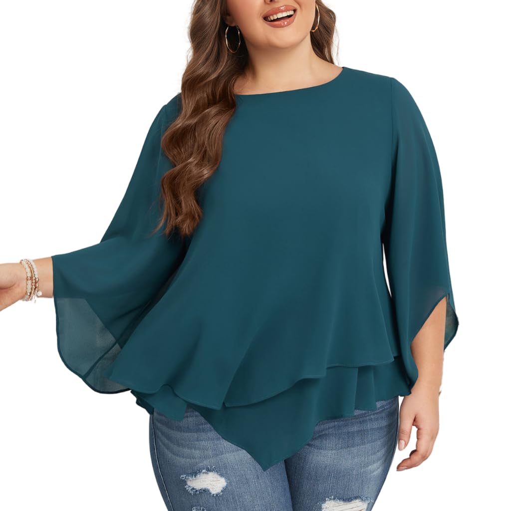 Hanna Nikole Damen Große Größen Chiffon Blusen 3/4 Ärmel Doppellagige Hemd Flowy Elegant Tops Lose Long Shirt