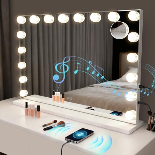 Mursche Schminkspiegel Mit Beleuchtung Hollywood Spiegel 80 x 60 cm Groß Vanity Mirror Mit 18 LED Licht Schminktisch Make Up Hollywoodspiegel Tischspiegel Schminktischspiegel Musik Bluetooth